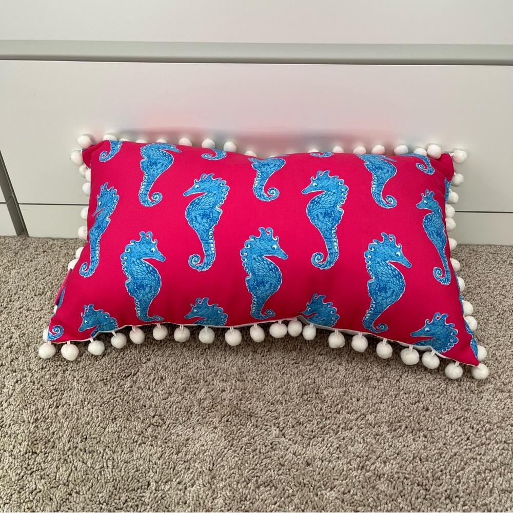Lilly Pulitzer Seahorse Pom Pom Throw Pillow Pink Blue Reverses To Gold